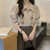 Short Sleeve Flower Embroidered Blouse Shirt